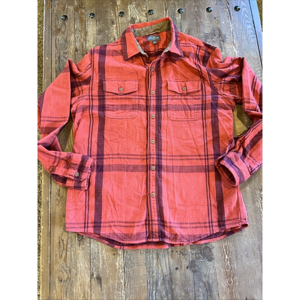 LL Bean Signature Slim Fit Flannel Shirt Mens Sz L Red Plaid Button Up Vintage